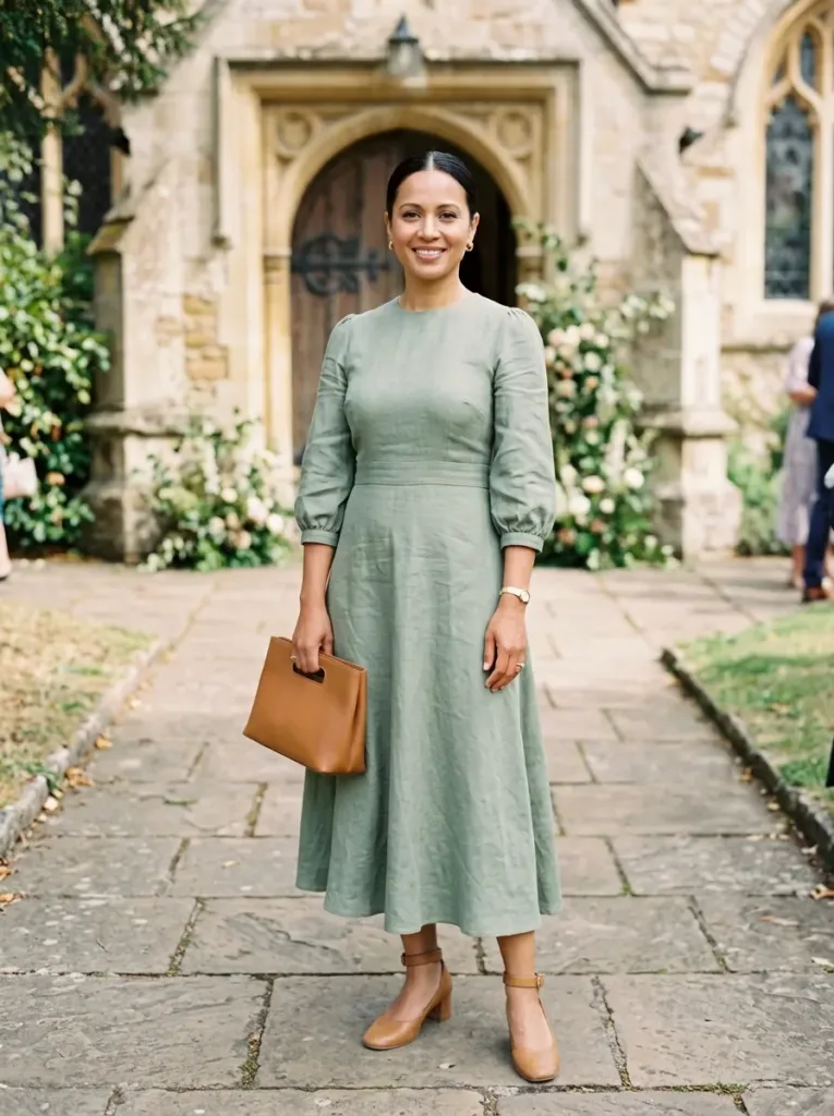 Modest plus size wedding guest dress with sleeves for church ceremony