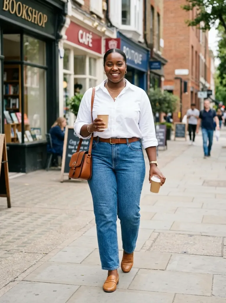 Plus size versatile button-up outfit for a multi-stop everyday spring day