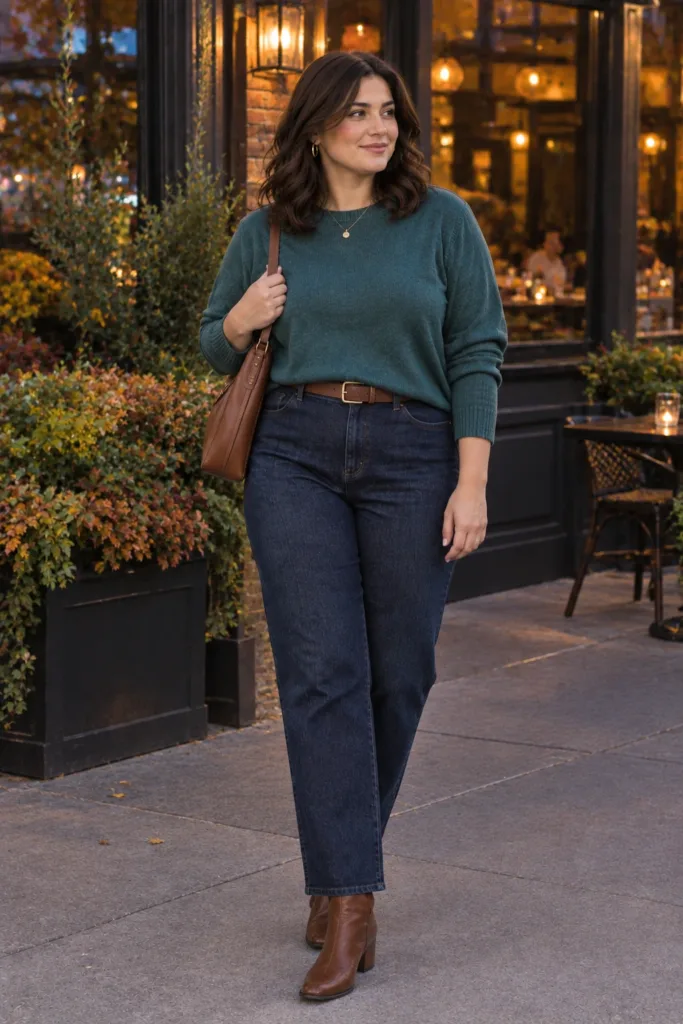 Muted Teal Sweater + Straight Jeans for Dinner