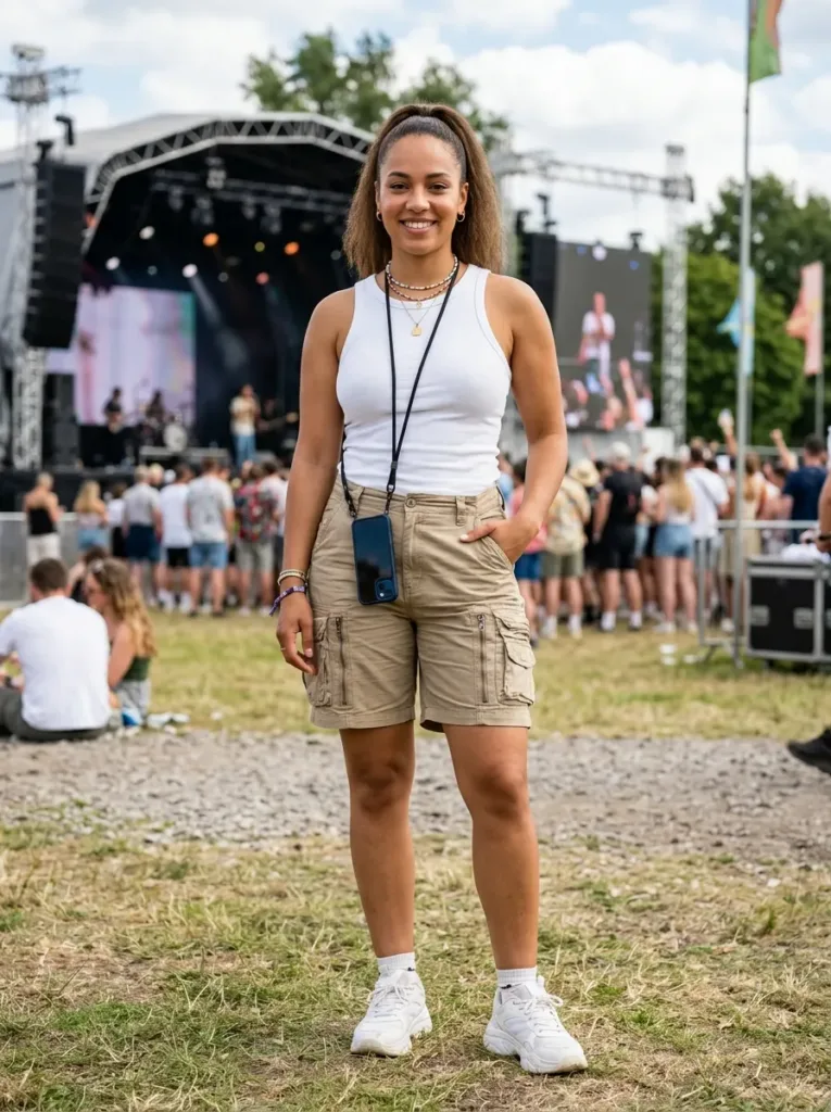 Plus size concert outfit with cargo shorts pockets for no bag venue policy