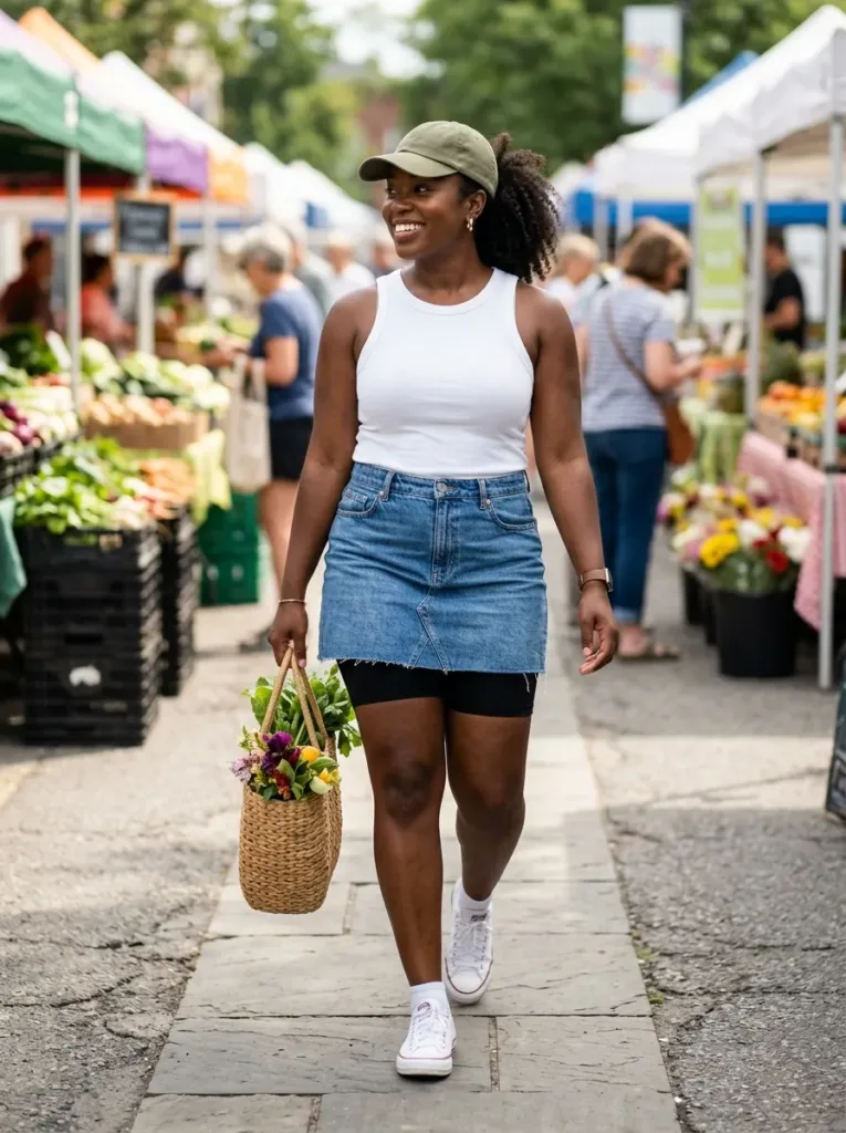 Plus size denim skirt outfit with bike shorts underneath for thigh comfort