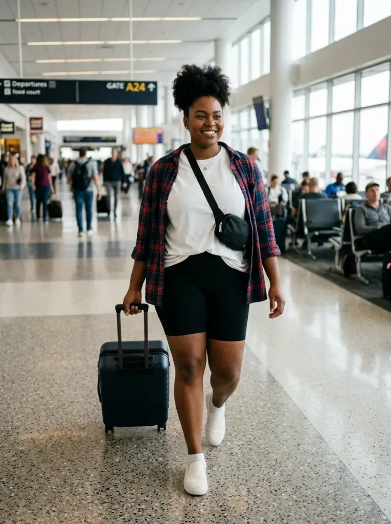 Comfortable plus size airport outfit with bike shorts and oversized tee for long terminal walks