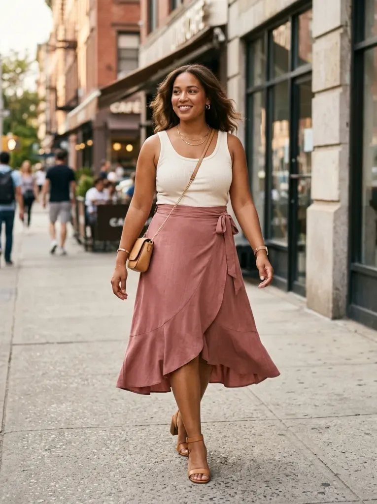 Plus size wrap midi skirt outfit with adjustable waist for all day comfort