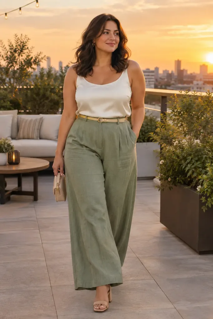Plus size cocktail outfit with sage trousers and ivory silk top