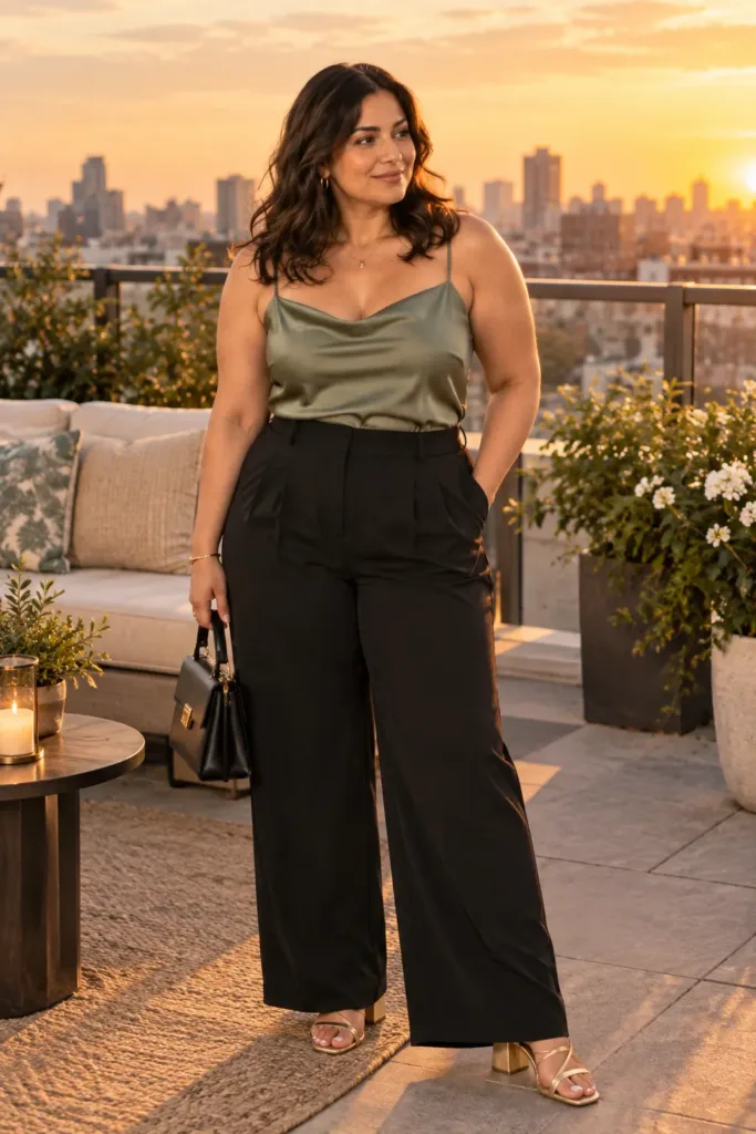 Plus size cocktail outfit with satin cami and wide-leg trousers