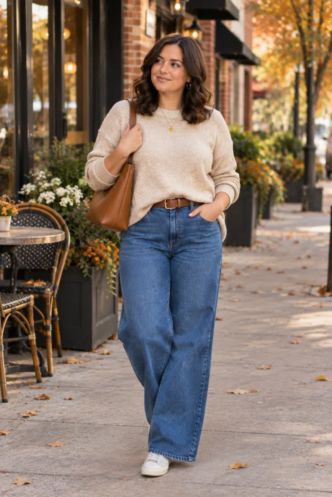 Oatmeal Sweater + Wide-Leg Denim