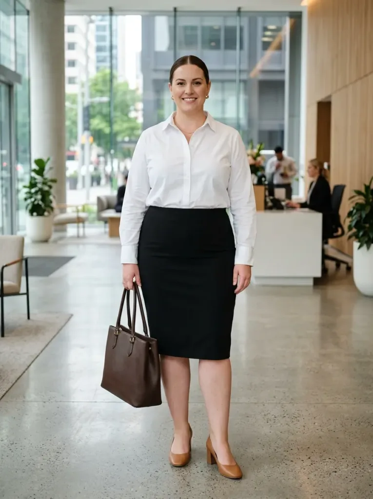 Plus size pencil skirt outfit with stretch fabric for comfortable office wear