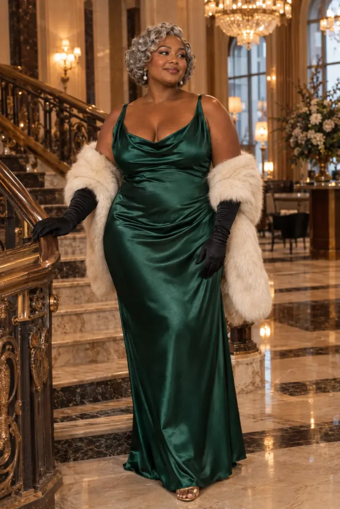 Plus size woman in an emerald satin gown and gloves, an Old Hollywood Halloween costum