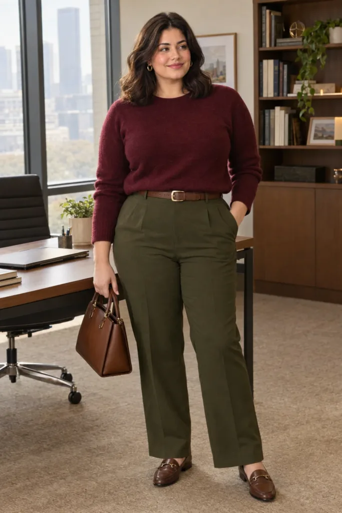 Olive Trousers + Burgundy Knit