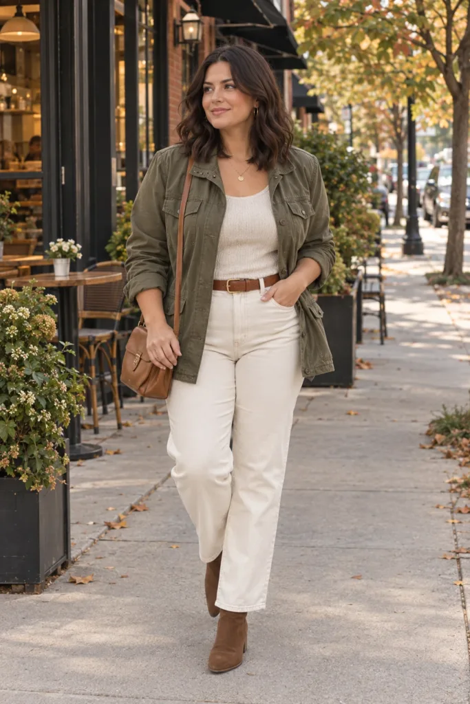 Olive Utility Jacket + Cream Jeans