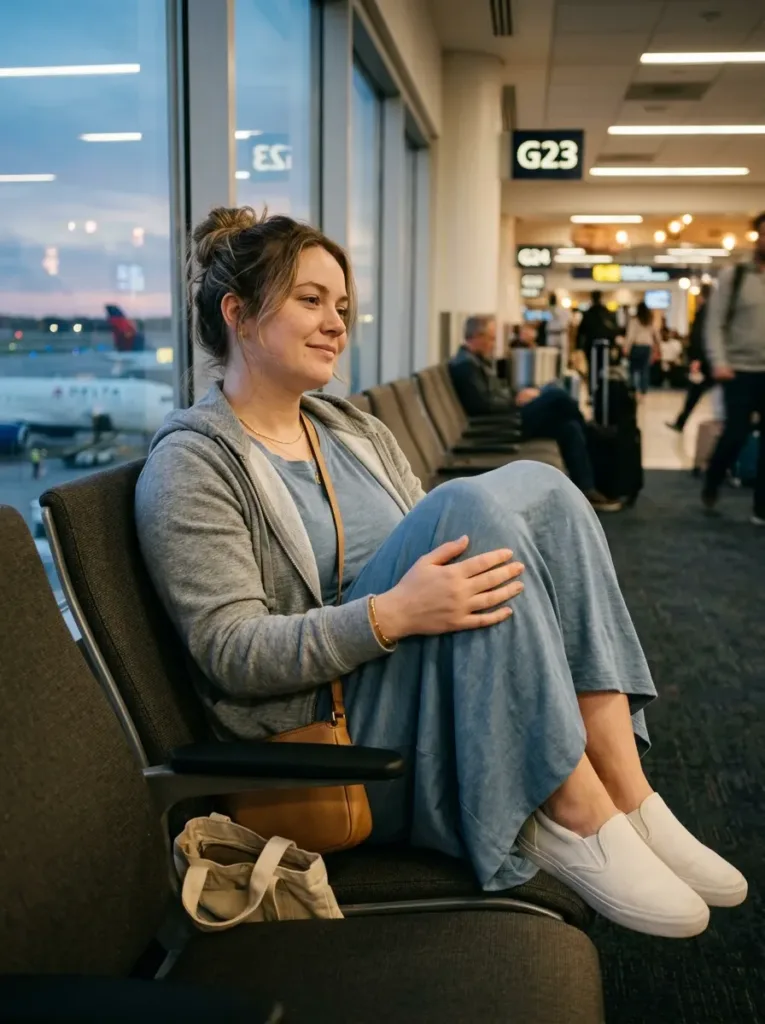 Comfortable plus size maxi dress outfit for overnight red eye flight travel