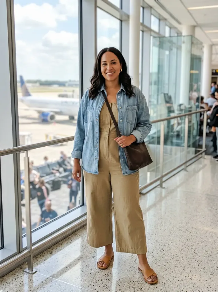 Curvy woman in practical romper travel outfit designed for easy airplane bathroom breaks