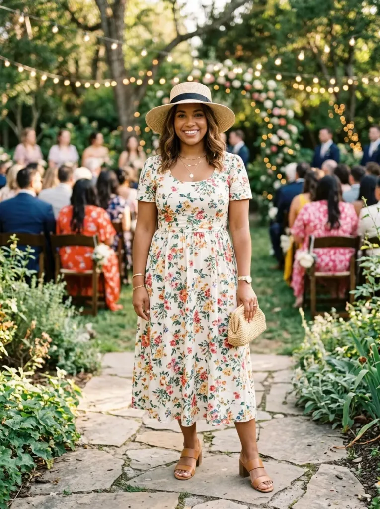 Plus size floral midi wedding guest dress for outdoor summer ceremony