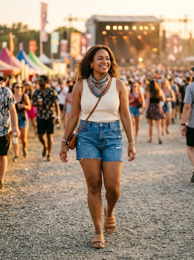Plus size festival outfit with ribbed tank and denim shorts for summer heat