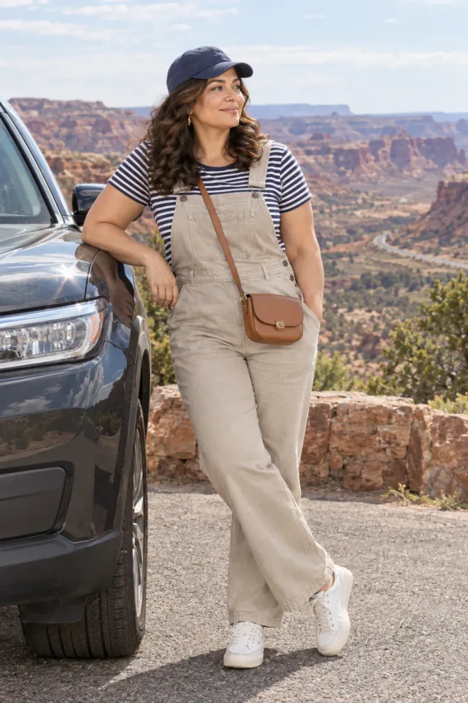 10 Plus Size Summer Travel Outfits You Can Pack Fast 11 Curvy woman in stone twill overalls and striped tee, a relaxed summer road trip outfit