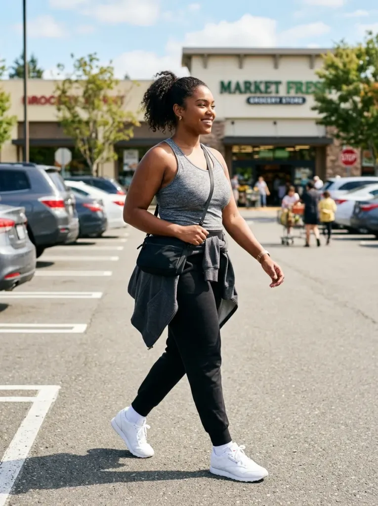 Plus size athleisure spring outfit for errands right after a workout