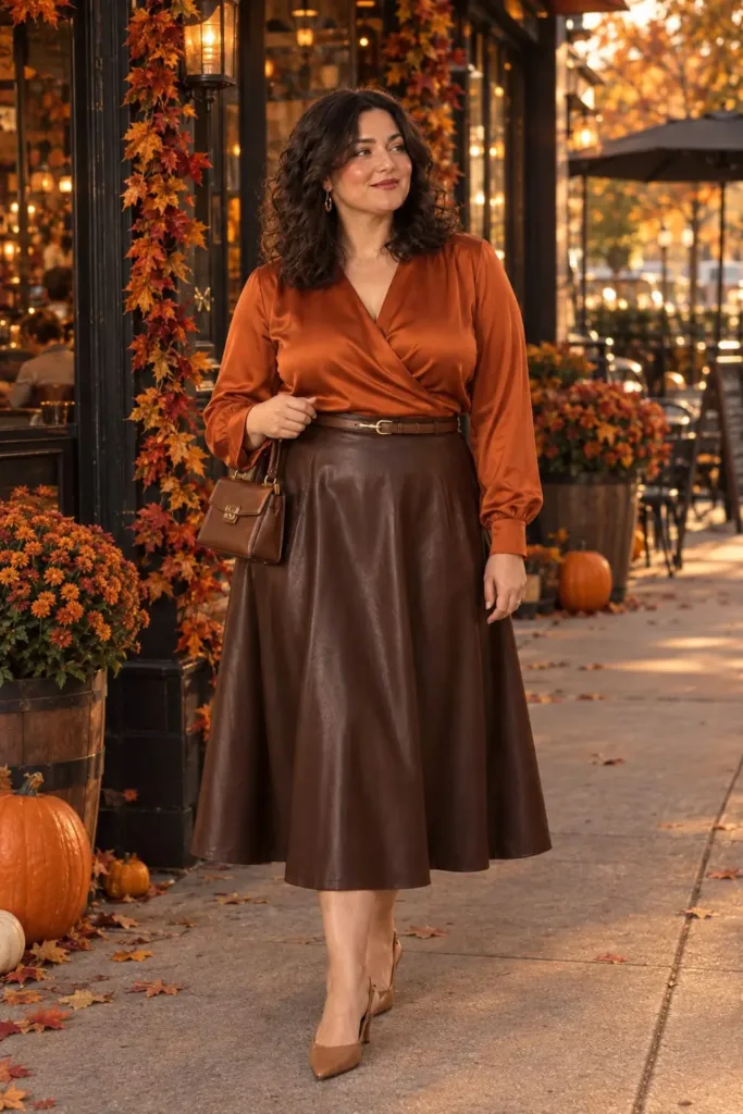 Curvy Halloween date outfit with orange wrap blouse and brown midi skirt
