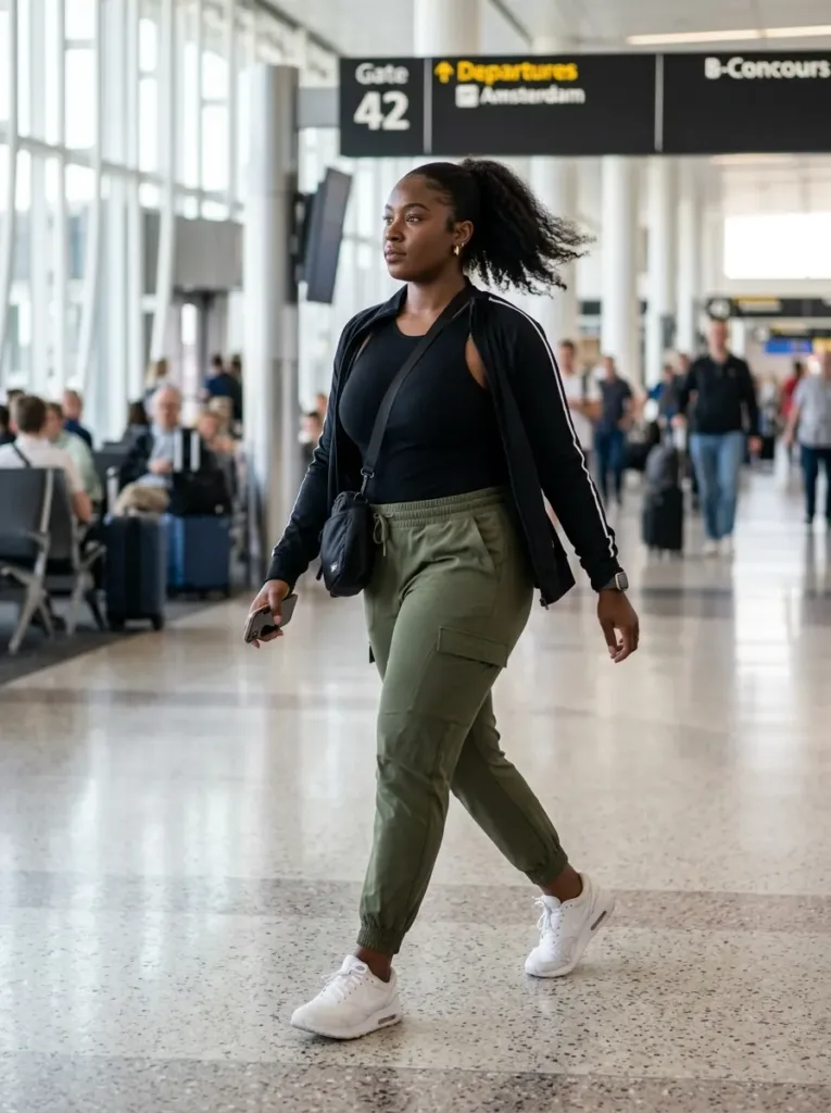 Plus size sporty airport outfit with cargo joggers for quick terminal gate changes