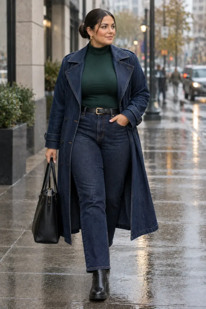 Plus size denim trench coat outfit for rainy days