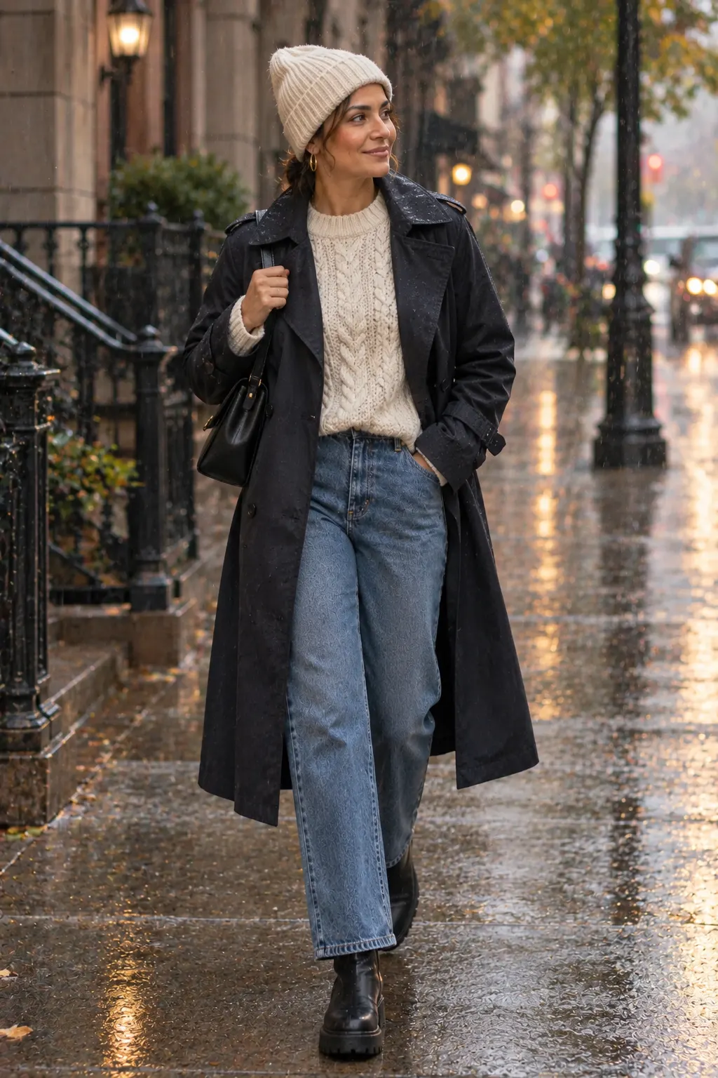 Fall plus size denim outfit with chunky sweater and trench coat