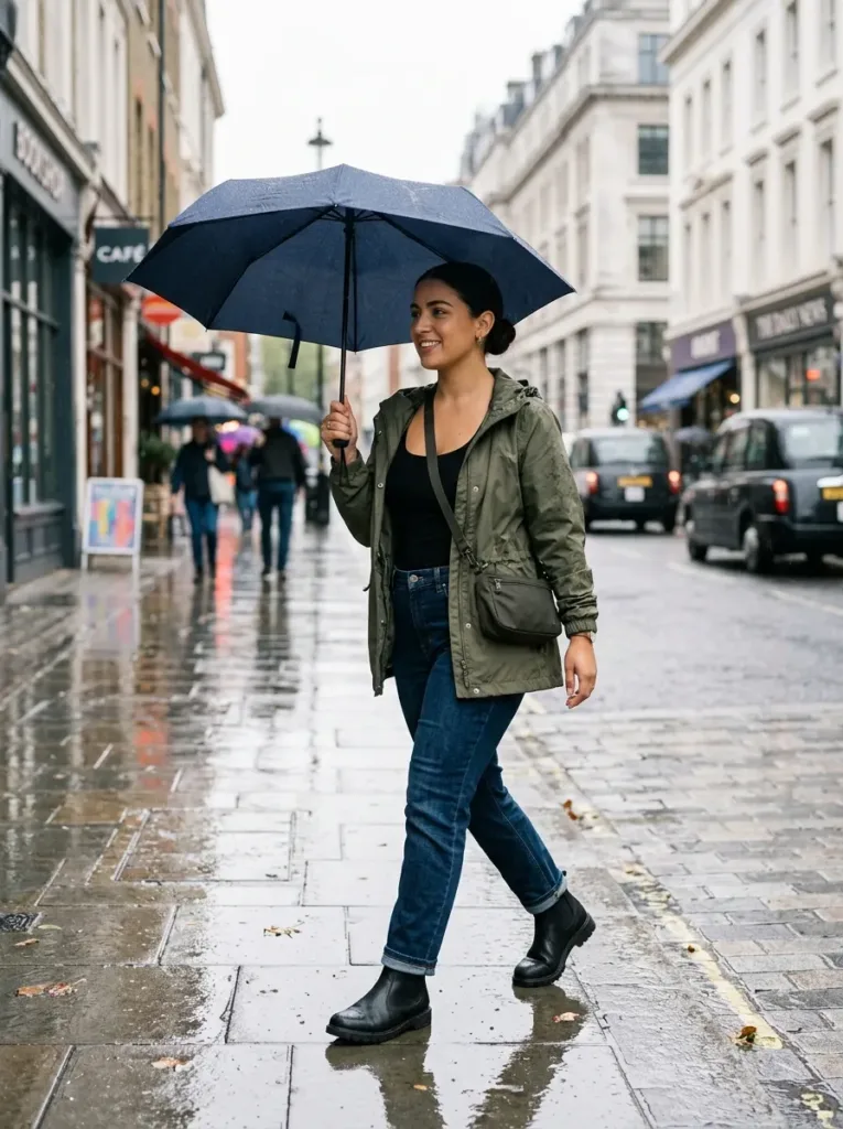 Plus size rainy day spring outfit with a water resistant anorak and boots