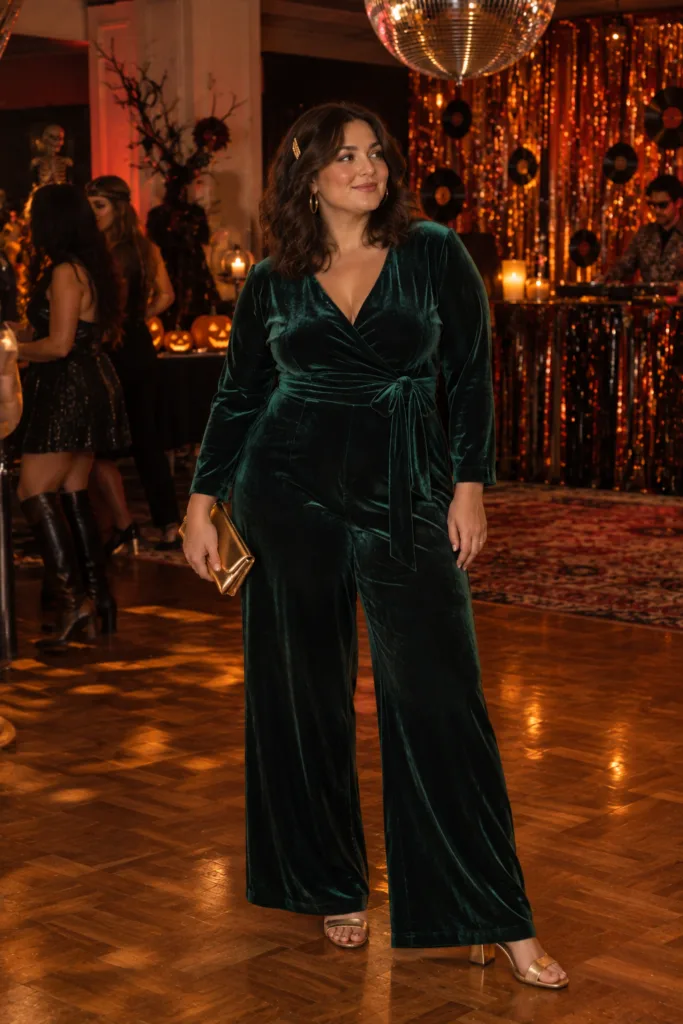 Curvy retro Halloween costume with emerald velvet wrap jumpsuit