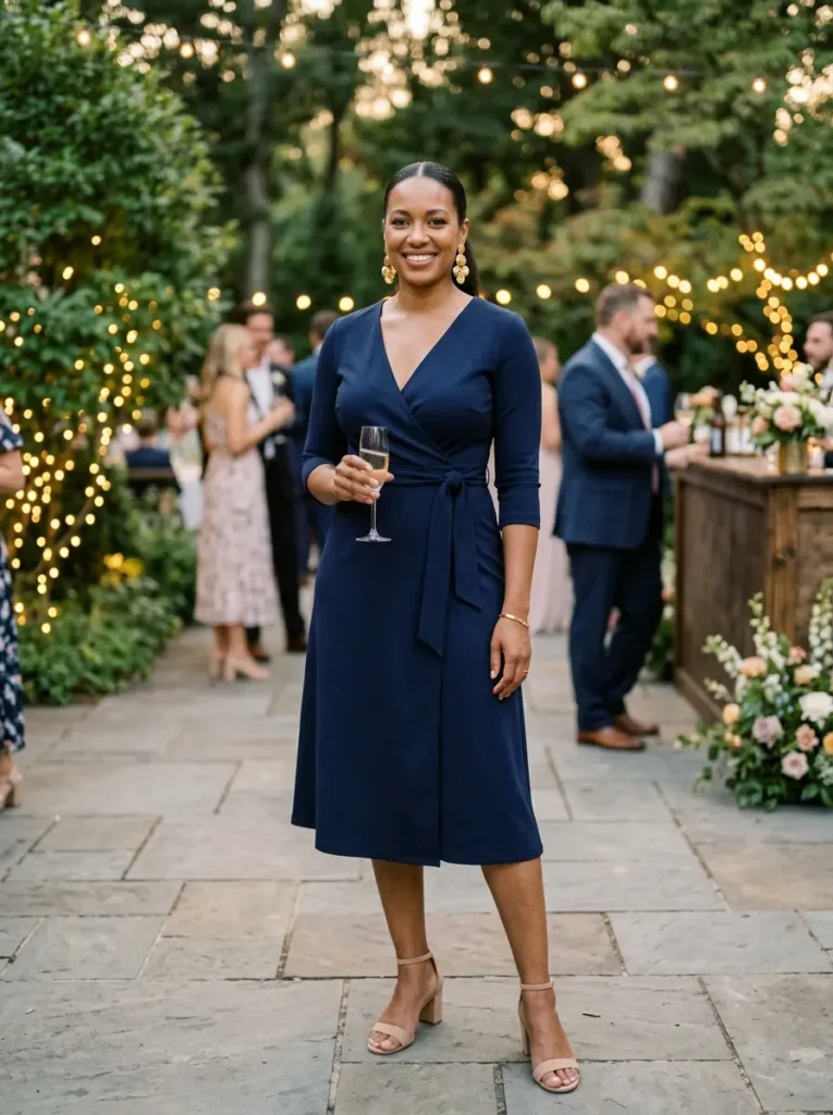 Versatile plus size wrap dress for rewearing at multiple summer weddings