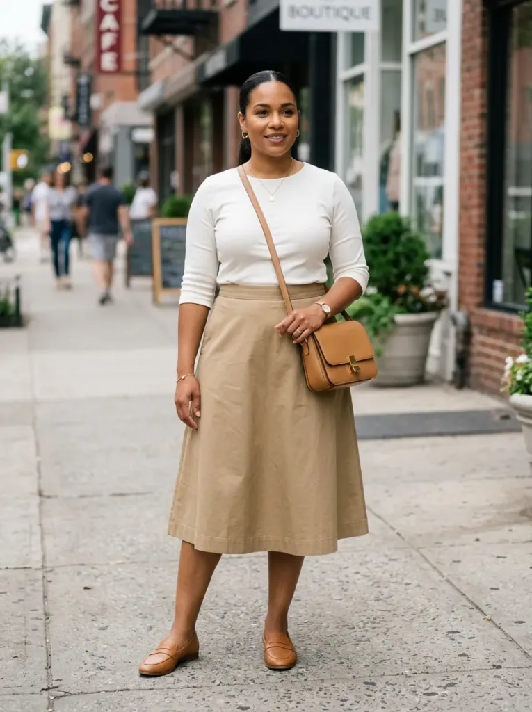 Versatile plus size khaki A-line skirt outfit for multiple summer occasions