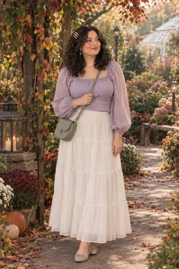 Curvy fairy Halloween costume with lavender blouse and ivory maxi skirt