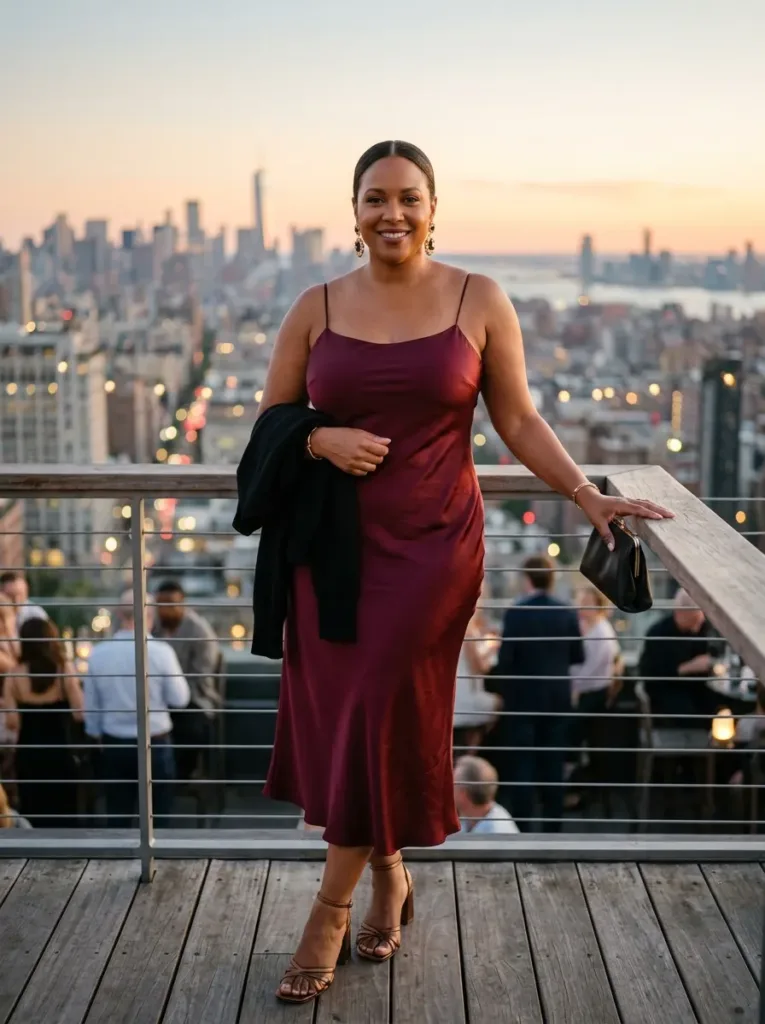Plus size slip dress wedding guest outfit for rooftop evening summer wedding
