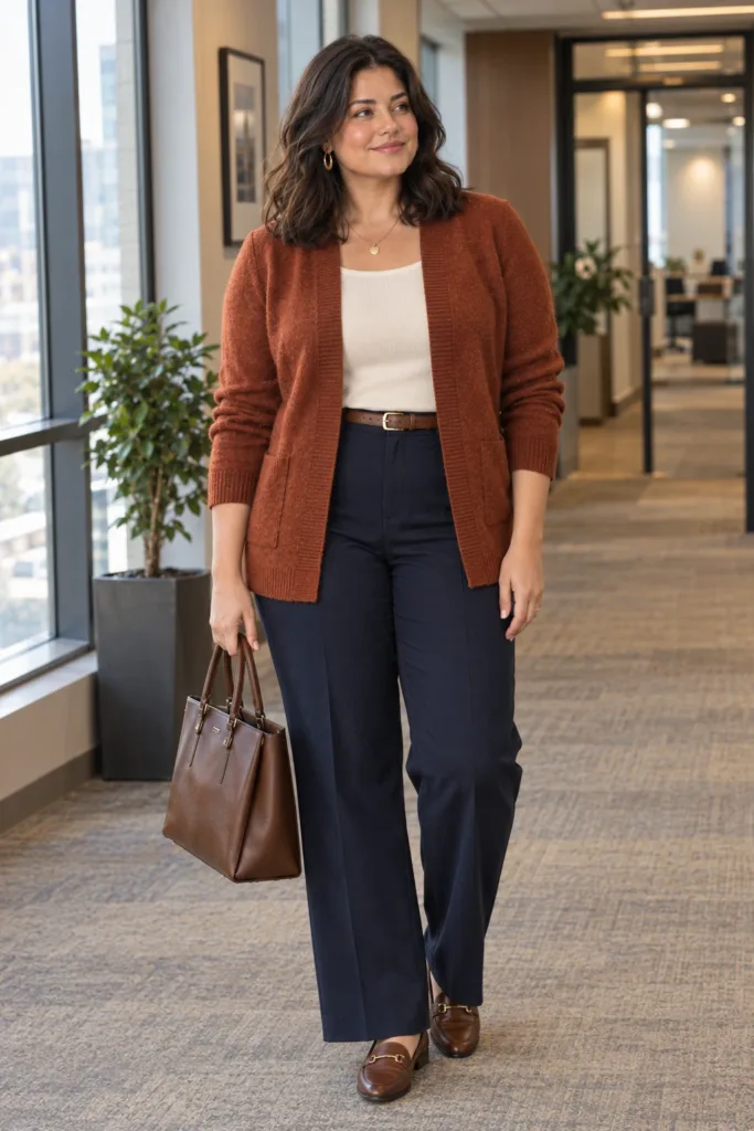 Rust Cardigan + Warm Navy Trousers