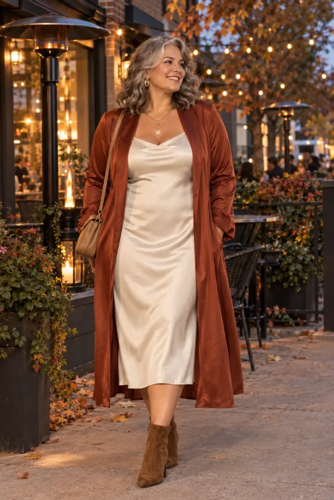 Plus size woman in a black sheath dress with gold earrings, a budget cocktail outfit
