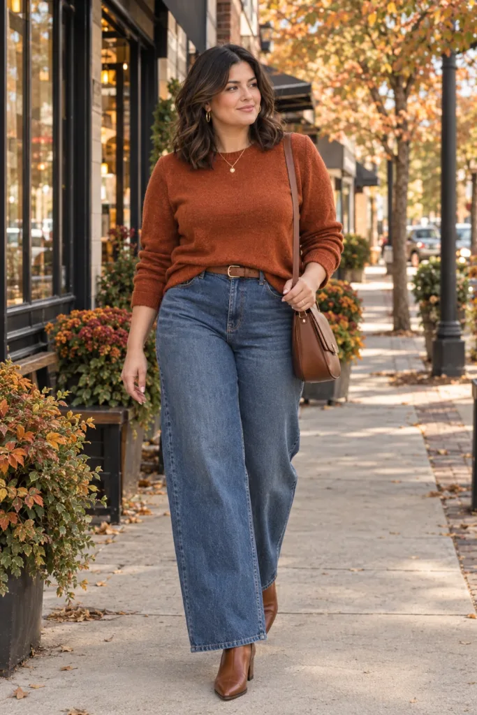 Rust Sweater + Wide-Leg Denim