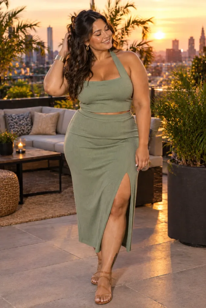 10 Plus Size Summer Club Outfits for Curvy Women 8 Curvy woman in sage green two-piece set and flat sandals, cool plus size club outfit for hot summer nights