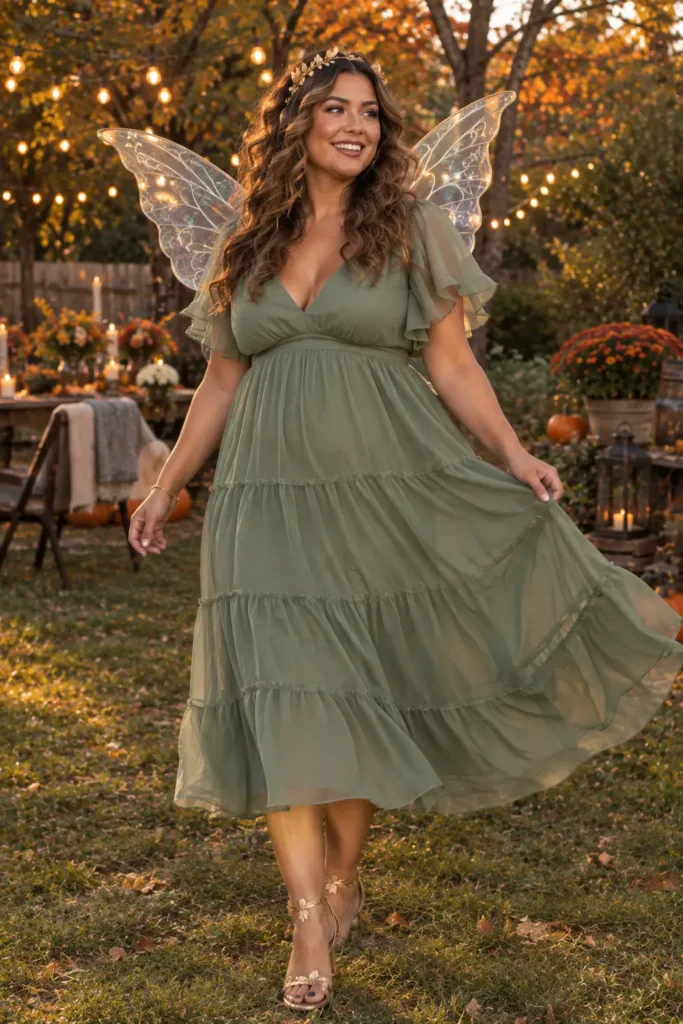 Tall curvy woman in a sage green tiered dress and fairy wings at a garden party