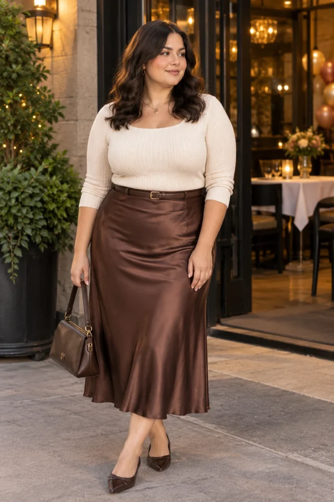 Satin Midi Skirt + Fitted Knit Top