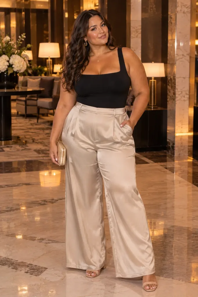 10 Plus Size Summer Club Outfits for Curvy Women 4 Curvy woman in black bodysuit and champagne satin wide-leg pants, plus size club outfit for summer nights