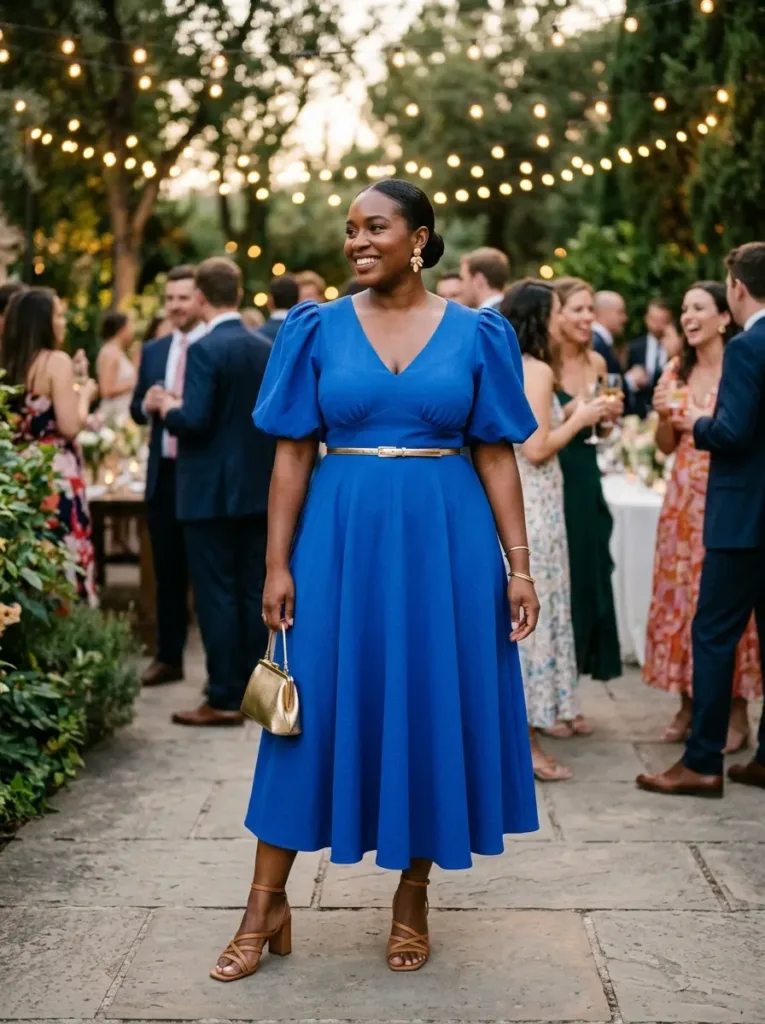 Plus size puff sleeve wedding guest dress for a fresh look at a second wedding