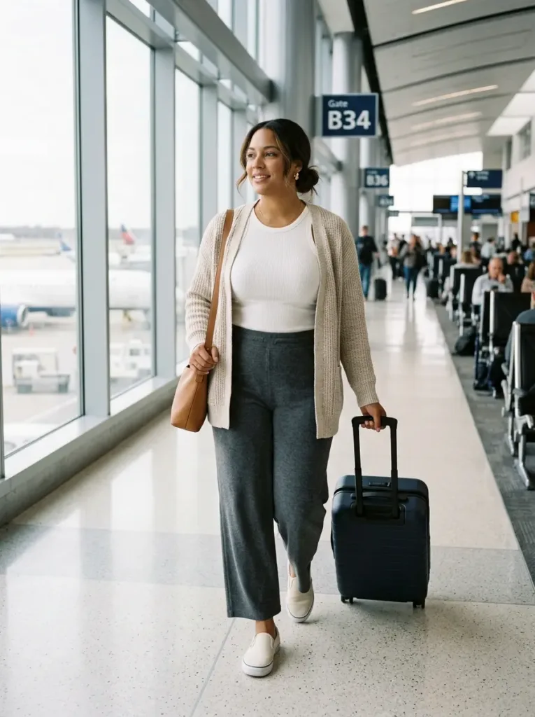 Plus size woman in comfortable jogger travel outfit walking through airport terminal