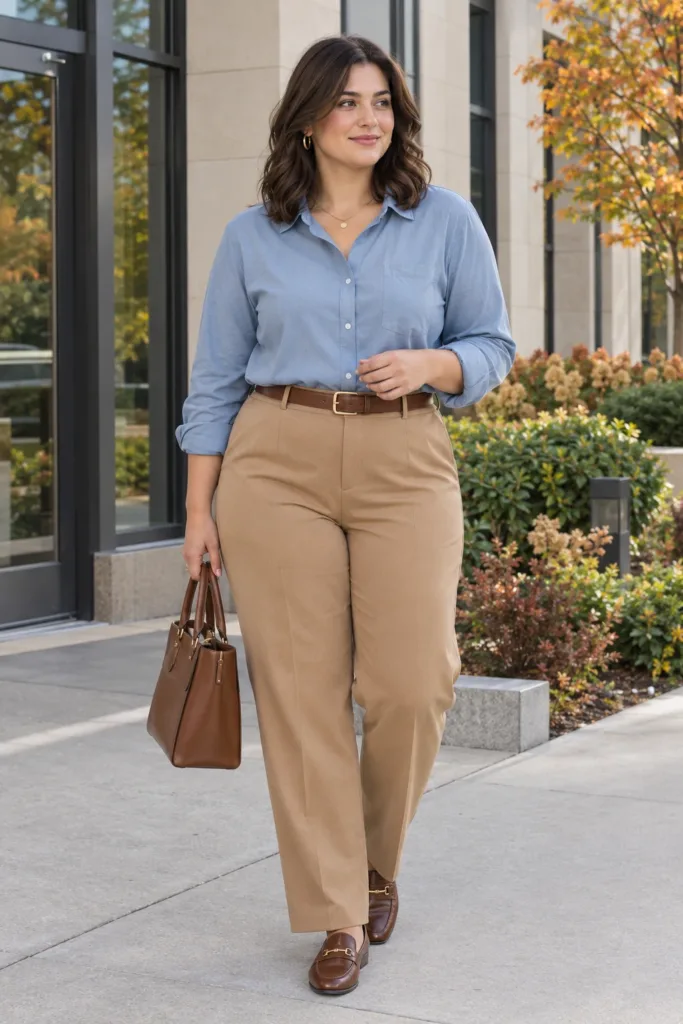 Soft Blue Shirt + Camel Trousers