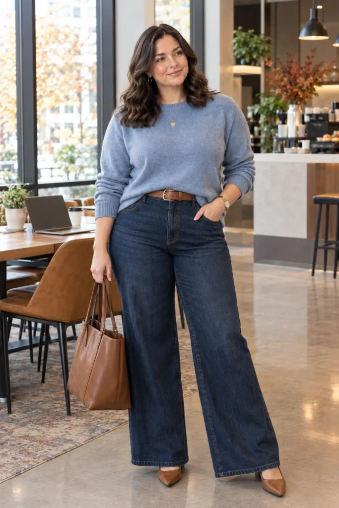 Soft Blue Sweater + Wide-Leg Jeans