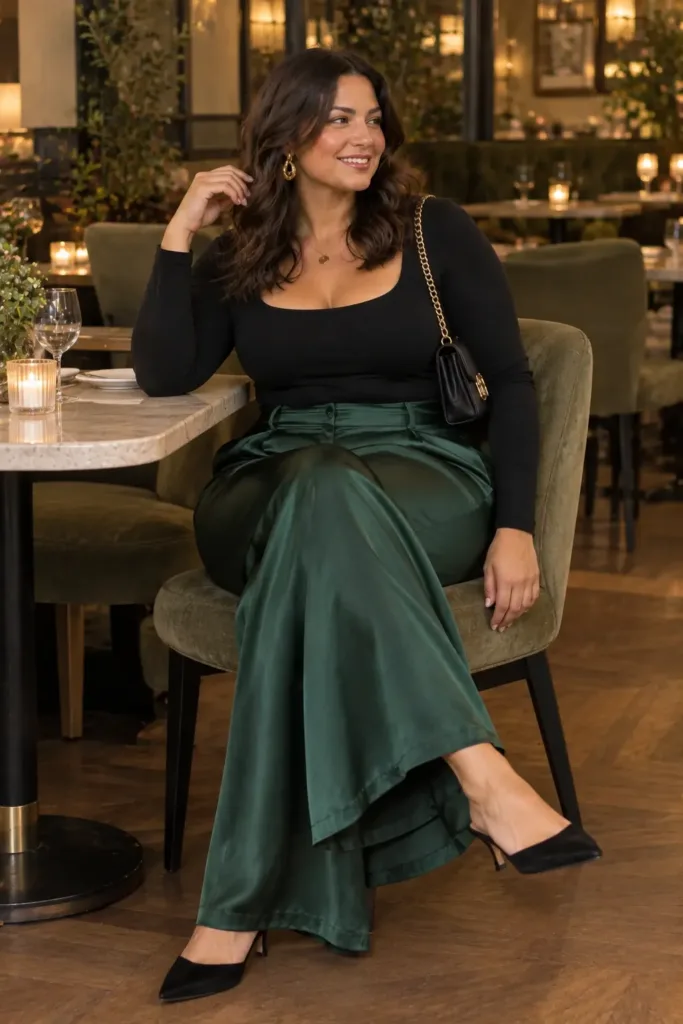 Comfortable heels plus size cocktail outfit emerald trousers