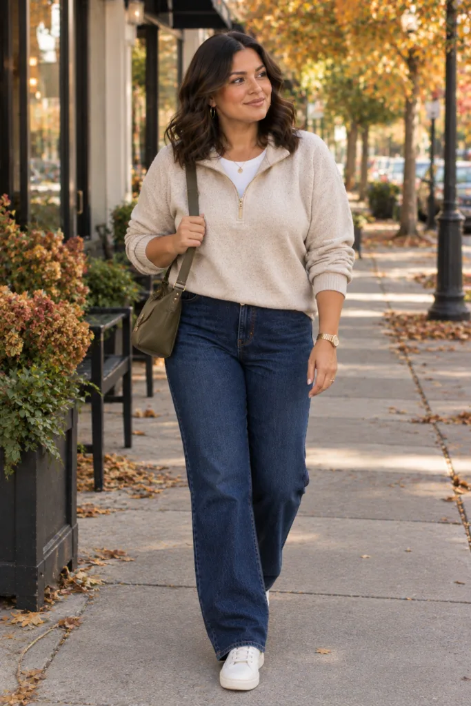 Sporty-Chic Quarter-Zip + Straight Jeans