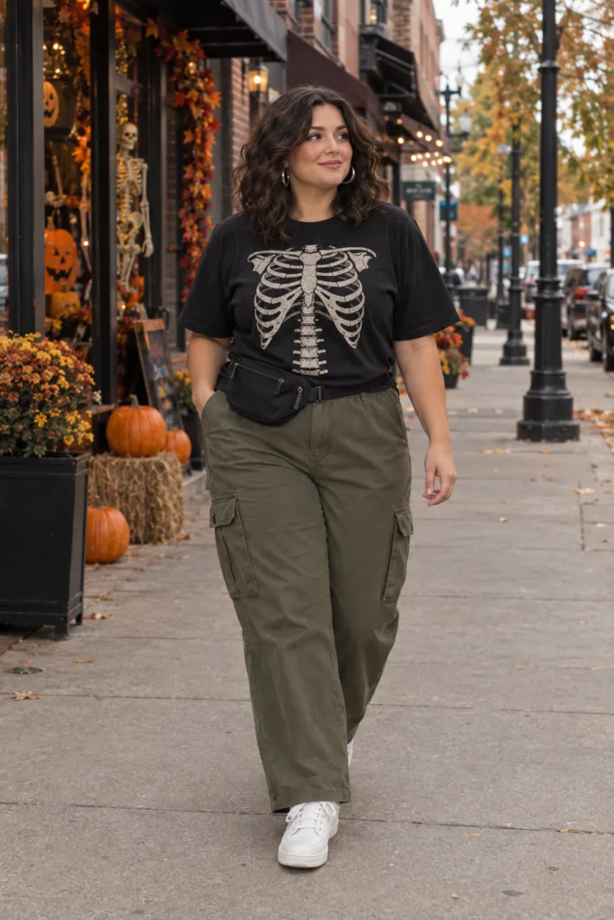 Curvy skeleton Halloween costume with olive cargo pants and graphic tee
