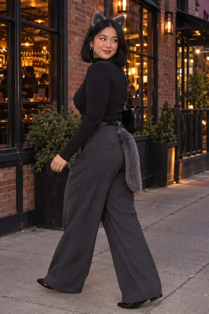  Curvy woman in gray wide-leg trousers and cat ears walking on a city sidewalk at dusk