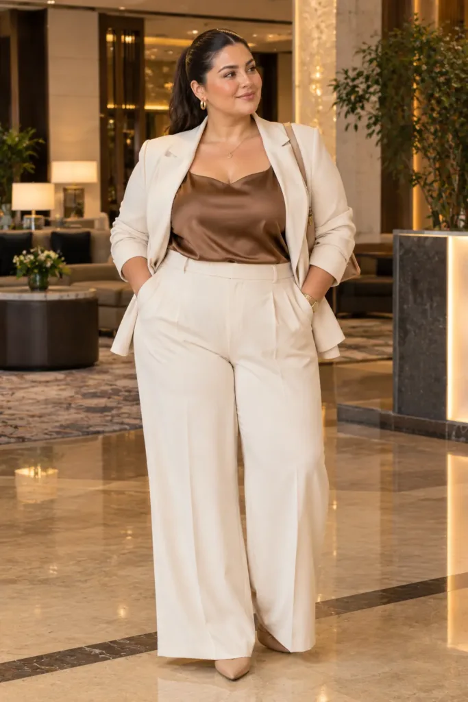 Plus size cream blazer and trouser wedding guest set with structure