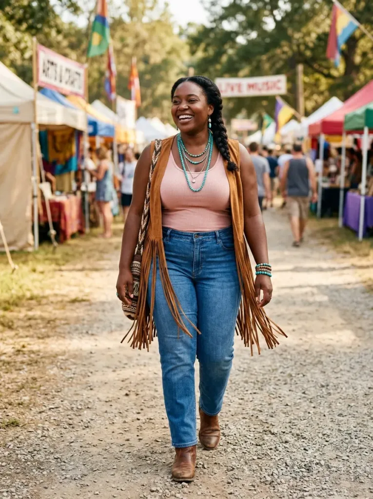 Plus size suede fringe vest outfit layered over jeans for spring boho style