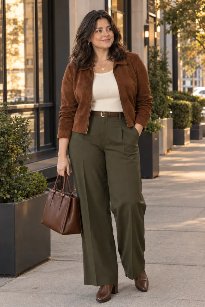 Suede Jacket + Cream Top + Wide-Leg Pants