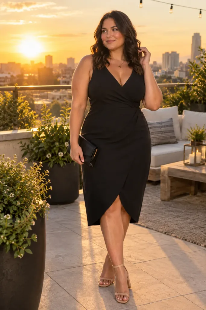 Plus size black cocktail dress with sleeveless V-neck for summer events