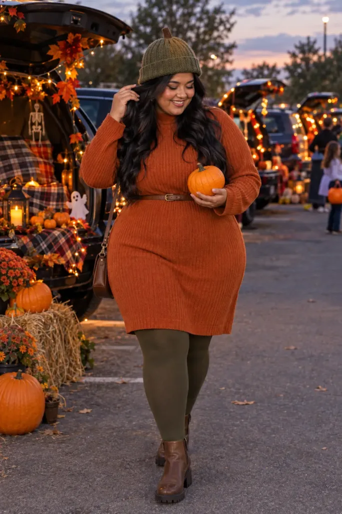 Plus size woman in an orange sweater dress and green beanie, a pumpkin costume at trunk-or-treat